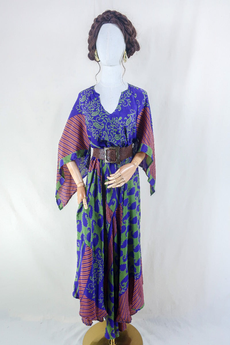 Goddess Dress - Dusky Purple & Midnight Green Paisley - Vintage Sari - Free Size L by all about audrey