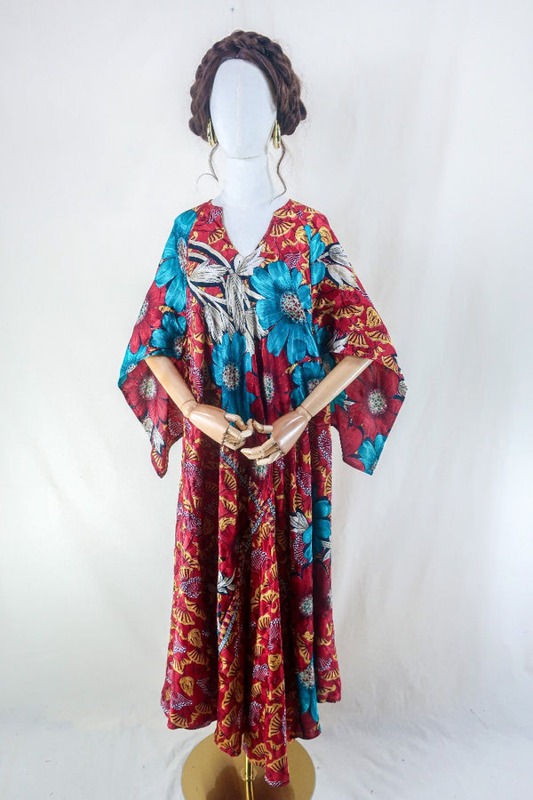 Goddess Dress - Fiery Red Bold Floral - Vintage Sari - Free Size L BY ALL ABOUT AUDREY