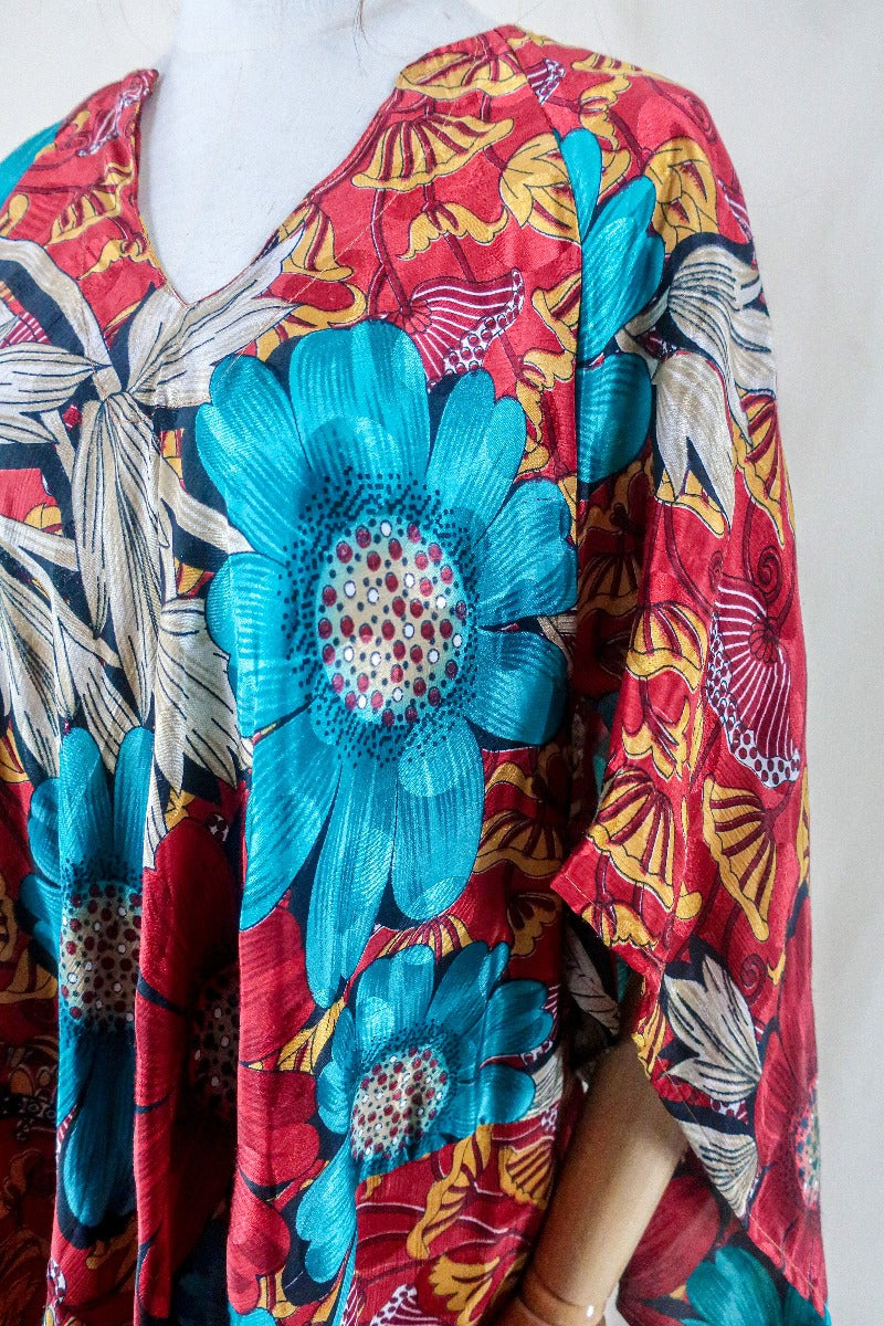 Goddess Dress - Fiery Red Bold Floral - Vintage Sari - Free Size L by all about audrey