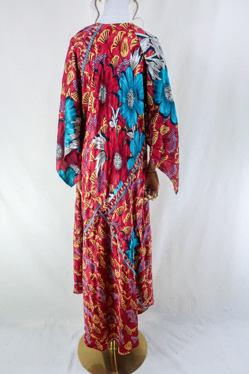 Goddess Dress - Fiery Red Bold Floral - Vintage Sari - Free Size L by all about audrey