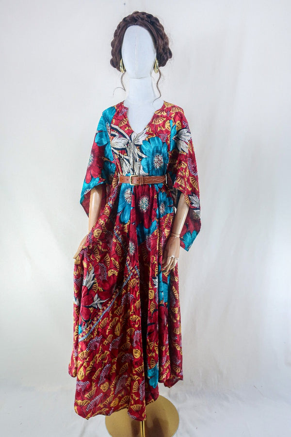 Goddess Dress - Fiery Red Bold Floral - Vintage Sari - Free Size L by all about audrey