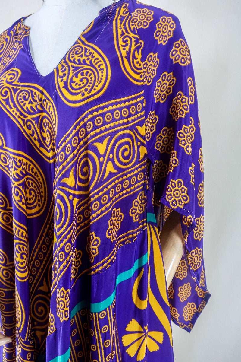 Goddess Dress - Ultraviolet & Gold Floral - Vintage Sari - Free Size L by all about audrey