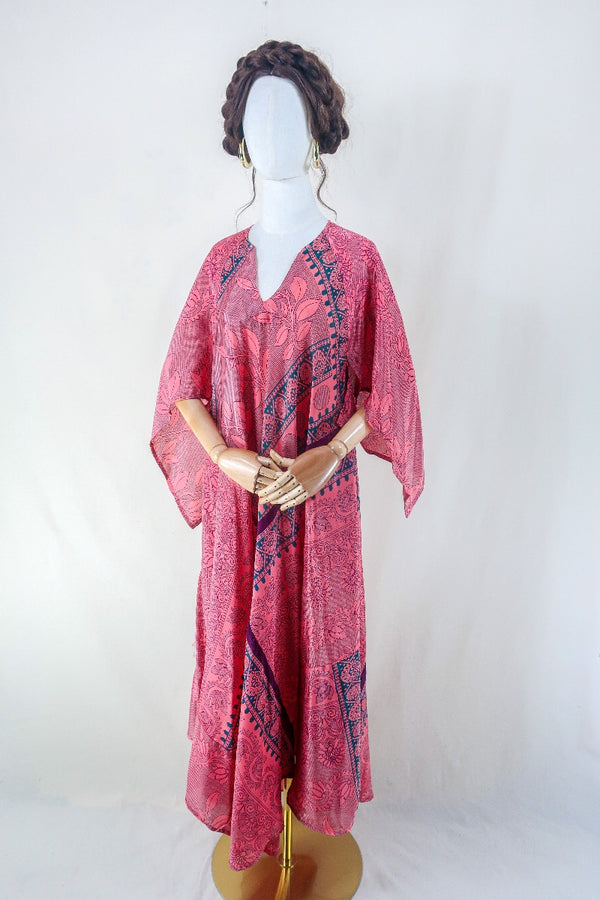 Goddess Dress - Petal Pink & Juniper Green Floral - Vintage Sari - Free Size L by all about audrey