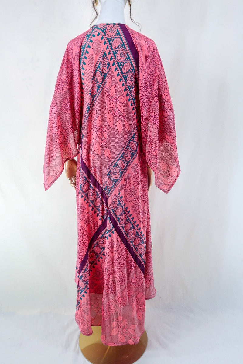 Goddess Dress - Petal Pink & Juniper Green Floral - Vintage Sari - Free Size L by all about audrey