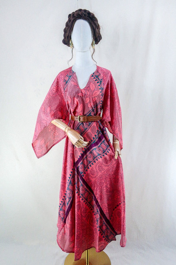 Goddess Dress - Petal Pink & Juniper Green Floral - Vintage Sari - Free Size L by all about audrey