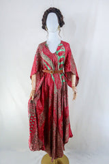 Goddess Dress - Shimmering Red & Sage Green Jacquard - Vintage Sari - Free Size L by all about audrey