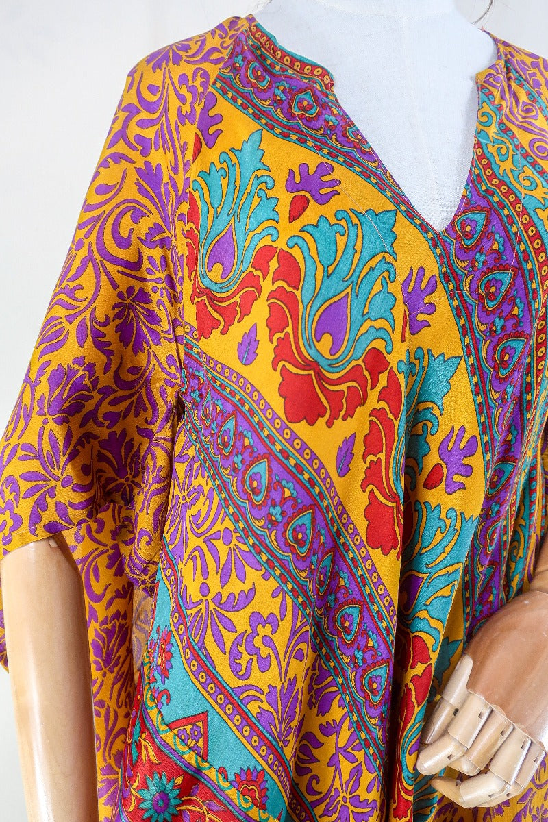 Goddess Dress - Mustard Yellow & Purple Floral Paisley - Vintage Sari - Free Size L by all about audrey