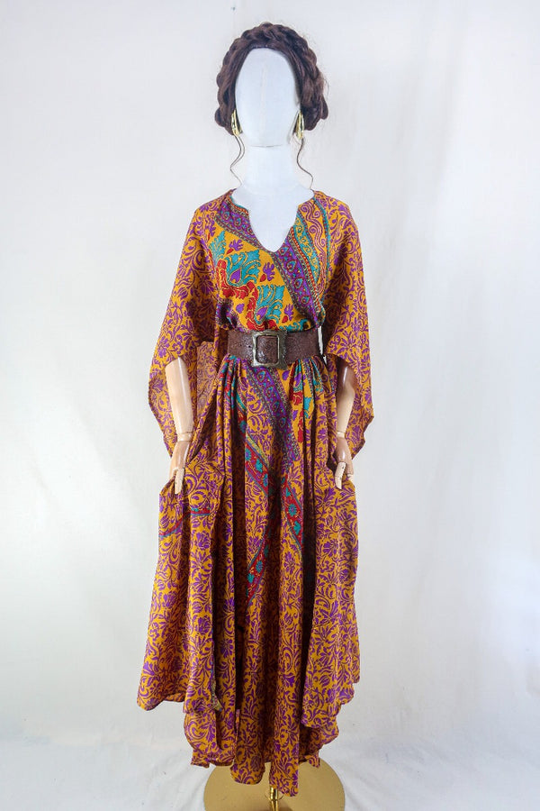 Goddess Dress - Mustard Yellow & Purple Floral Paisley - Vintage Sari - Free Size L by all about audrey