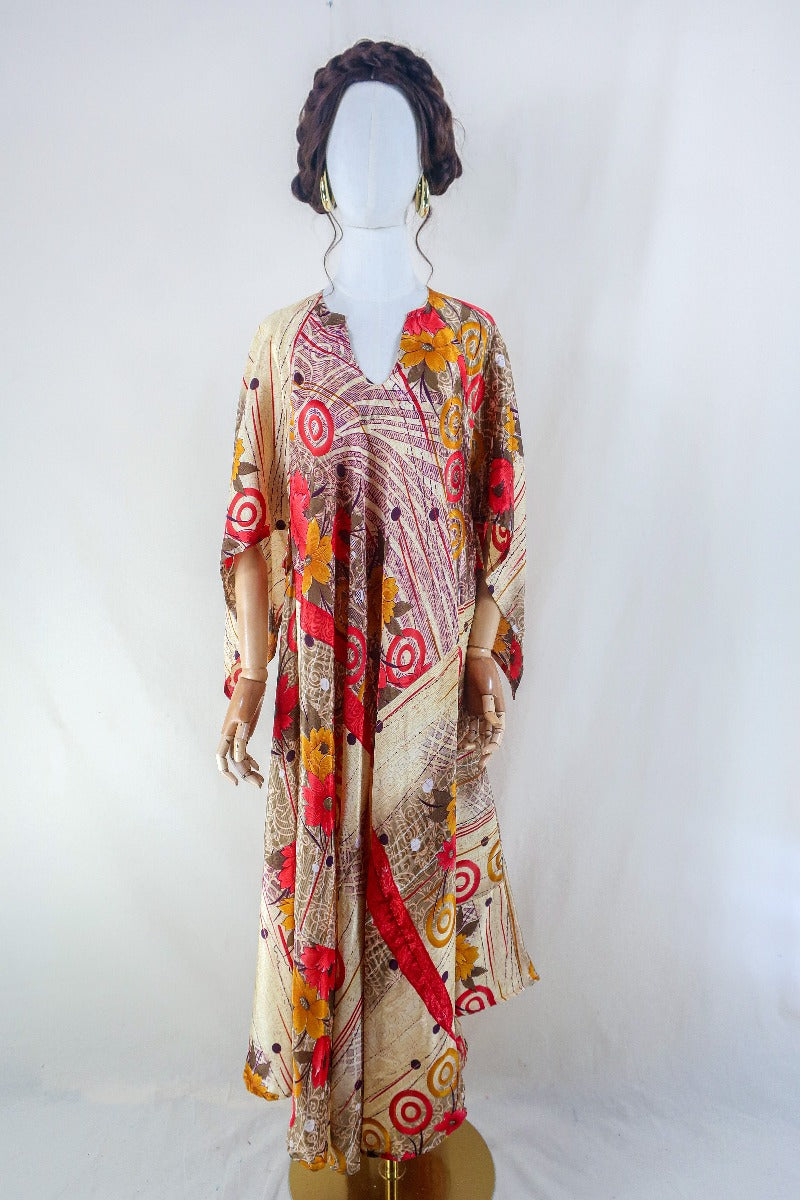Goddess Dress - Sandy Beige & Rouge Red Floral - Vintage Sari - Free Size L by all about audrey