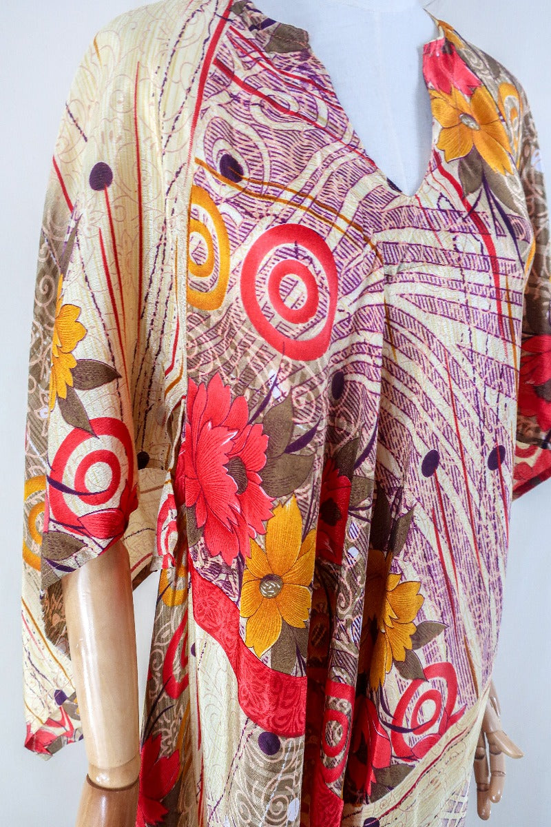 Goddess Dress - Sandy Beige & Rouge Red Floral - Vintage Sari - Free Size L by all about audrey