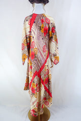 Goddess Dress - Sandy Beige & Rouge Red Floral - Vintage Sari - Free Size L by all about audrey