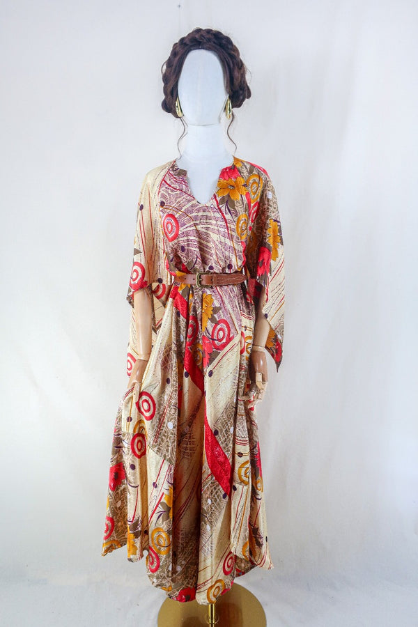 Goddess Dress - Sandy Beige & Rouge Red Floral - Vintage Sari - Free Size L by all about audrey