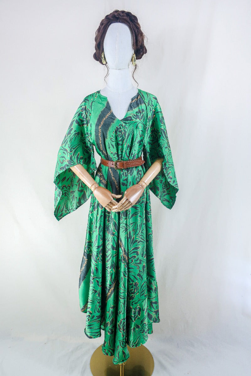 Goddess Dress - Spearmint & Charcoal Floral - Vintage Sari - Free Size L by all about audrey