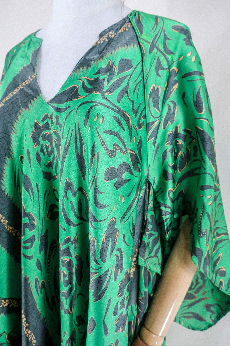 Goddess Dress - Spearmint & Charcoal Floral - Vintage Sari - Free Size L by all about audrey