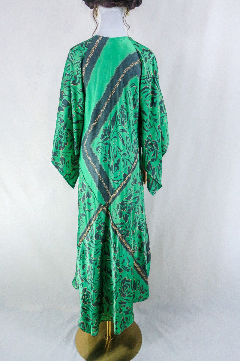 Goddess Dress - Spearmint & Charcoal Floral - Vintage Sari - Free Size