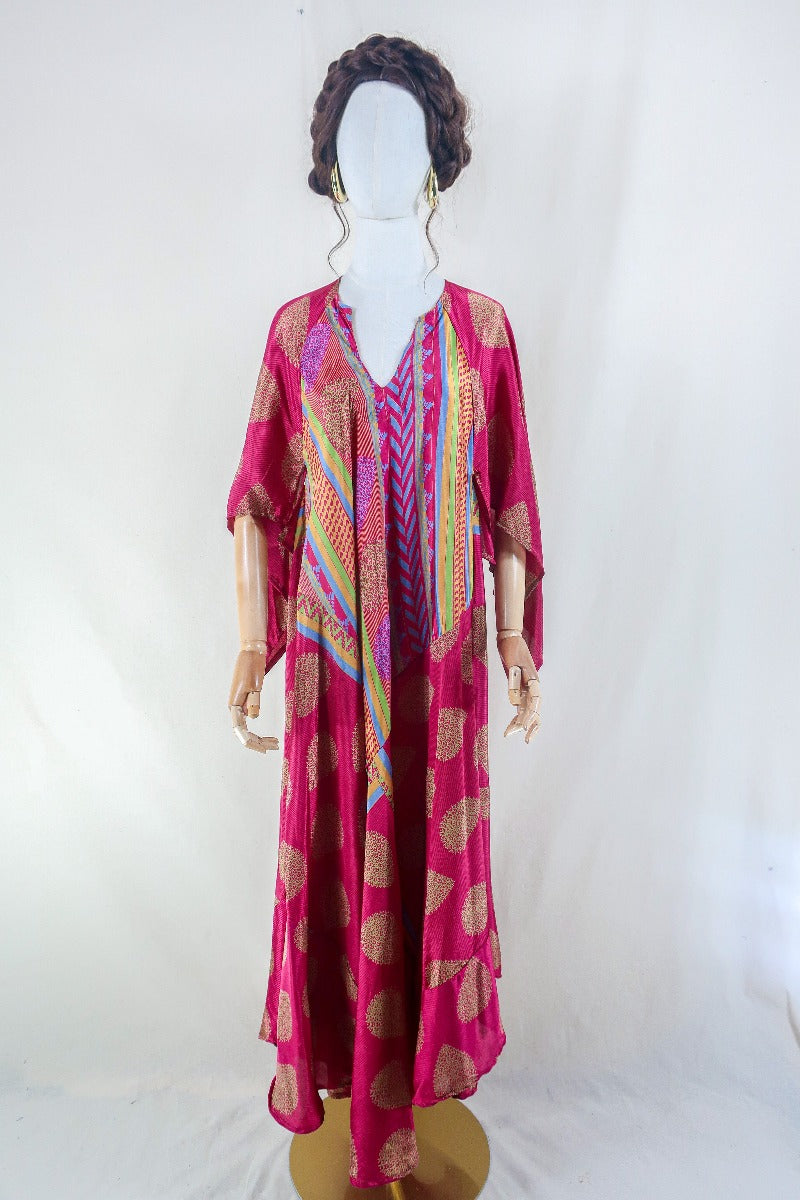 Goddess Dress - Blazing Pink & Multicoloured Patchwork - Vintage Sari - Free Size L by all about audrey