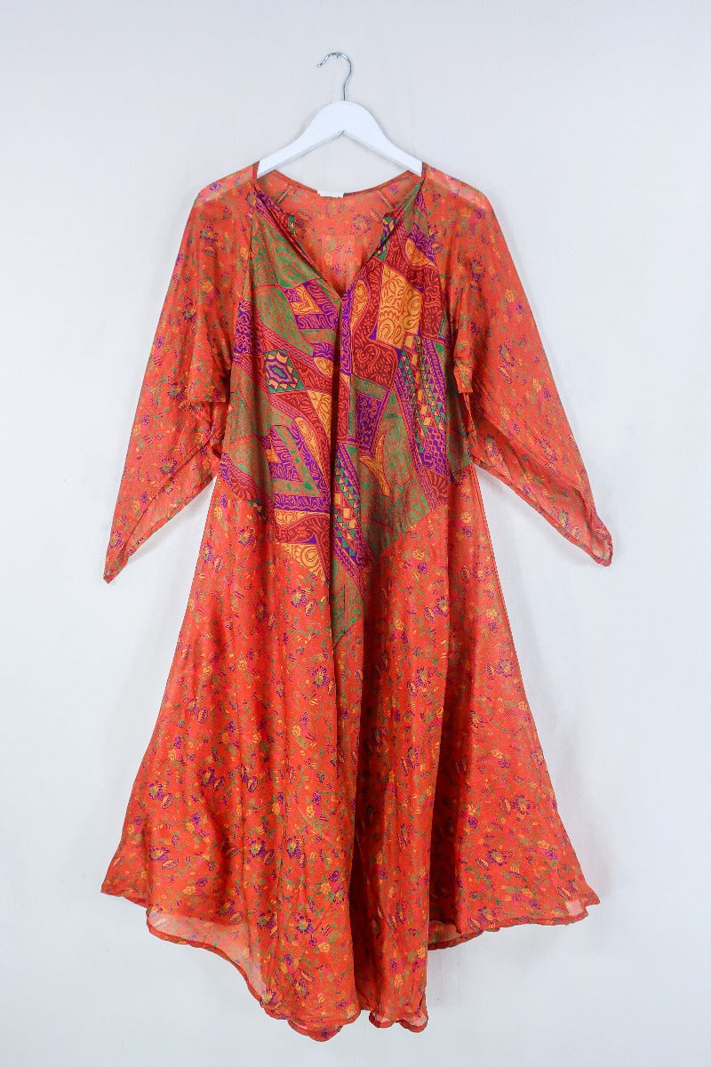 Goddess Dress - Mango and Clementine Parade - Indian Pure Silk Sari - Free Size