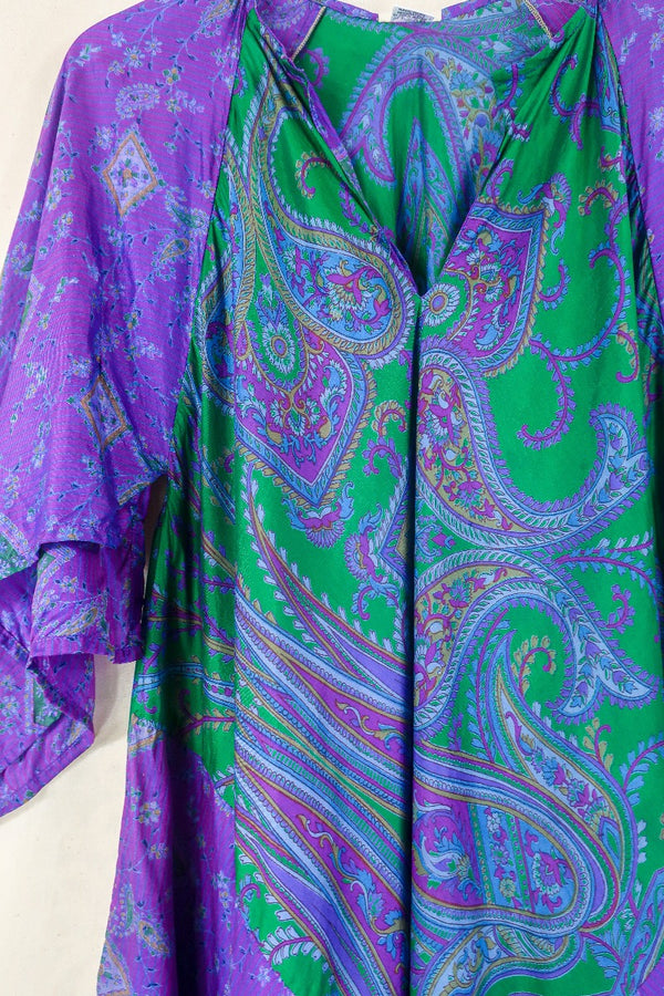 Goddess Dress - Amethyst Pink & Green Paisley - Indian Pure Silk Sari - Free Size By All About Audrey