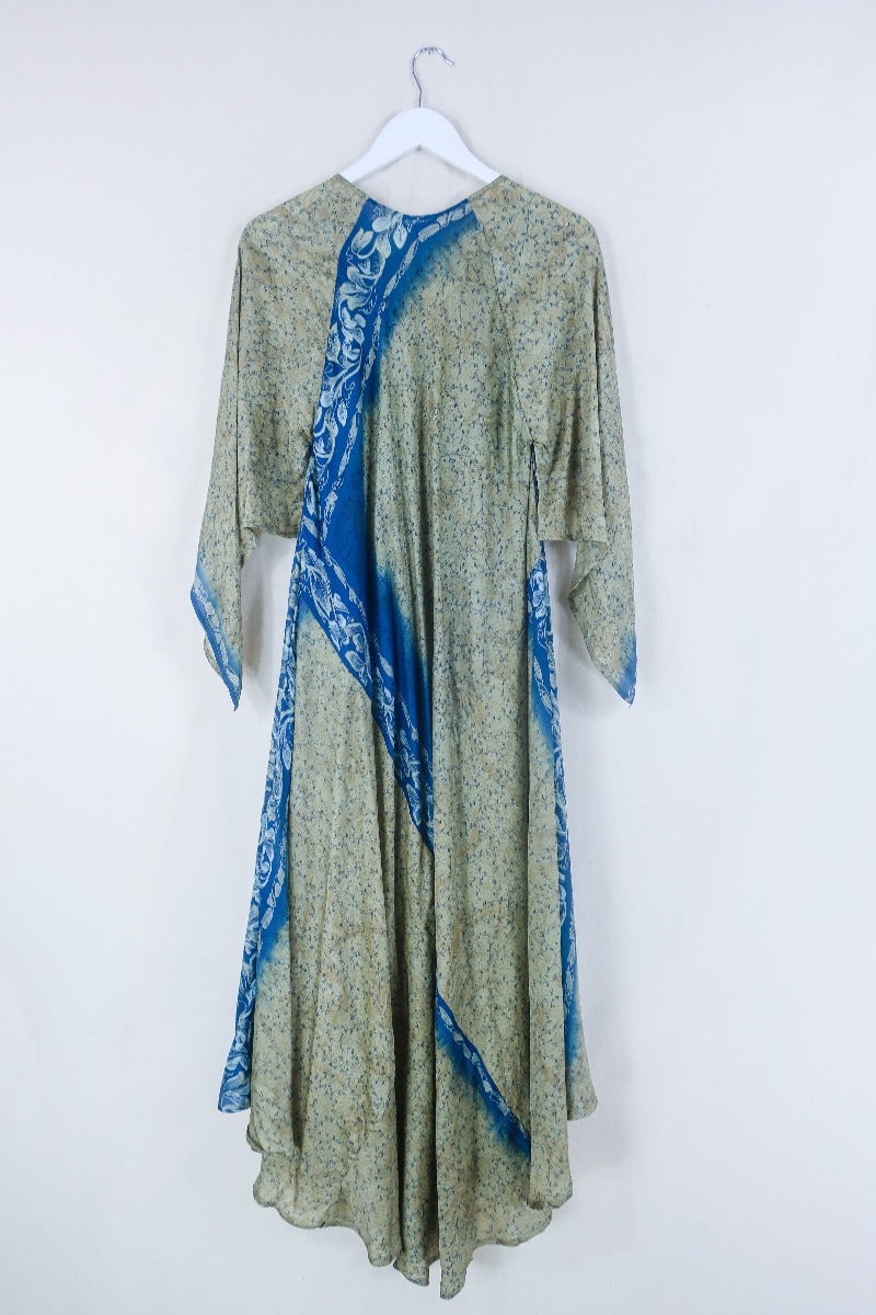 Goddess Dress - Antique Gold & Denim Blue Floral - Indian Pure Silk Sari - Free Size by all about audrey