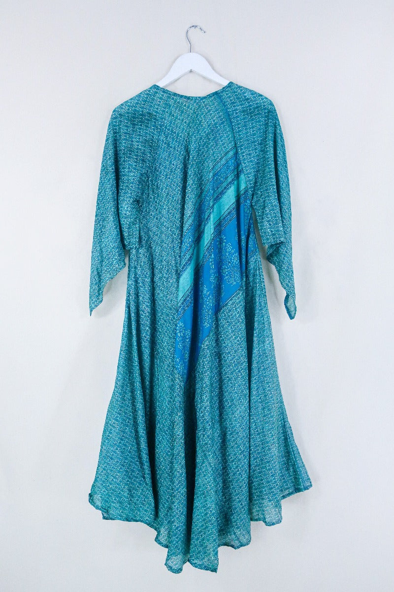 Goddess Dress - Deep Sea Blue Floral Block Print - Indian Pure Silk Sari - Free Size by all about audrey