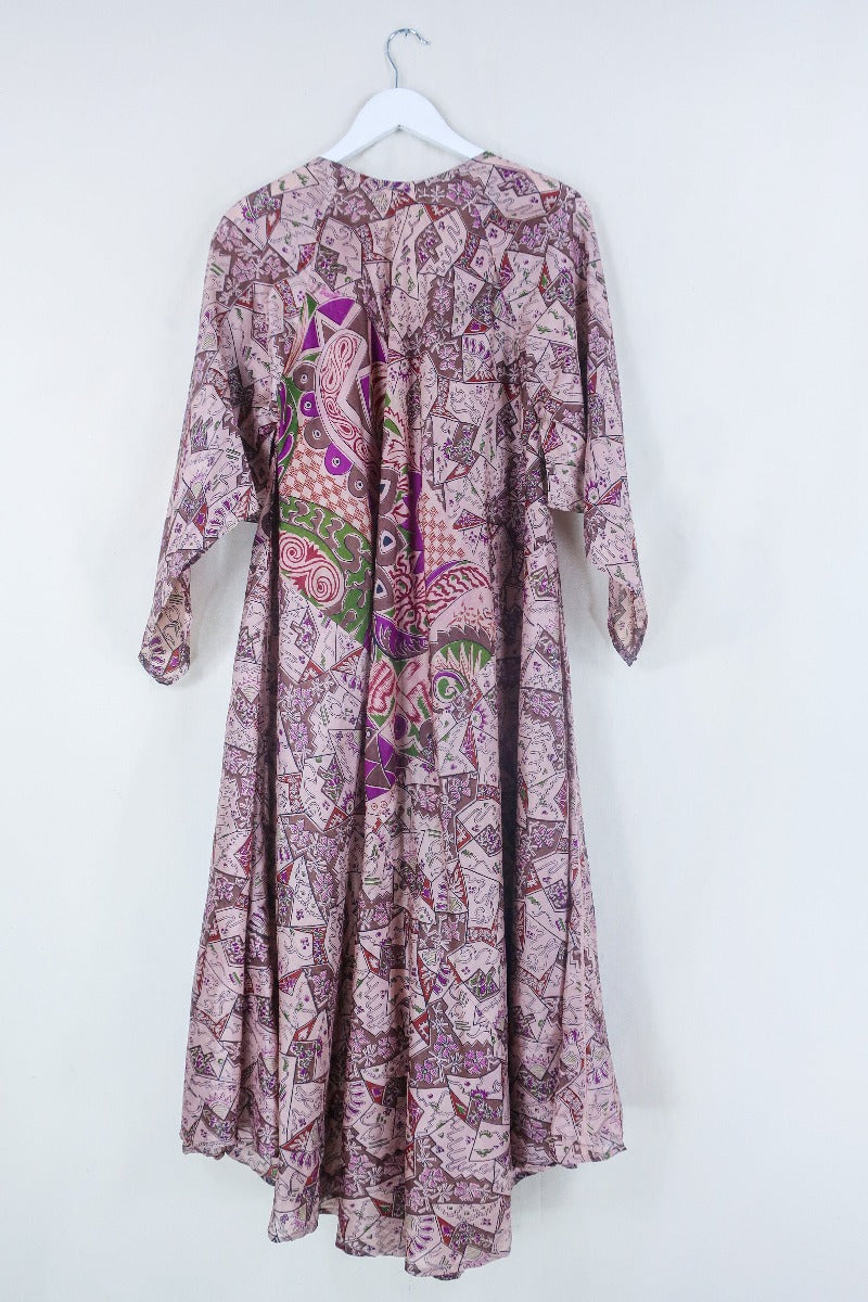 Goddess Dress - Dusky Peach Pink Vibrant Print - Indian Pure Silk Sari - Free Size By All About Audrey