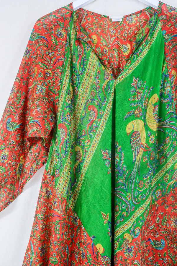 Goddess Dress - Tiger Orange & Green Peacocks - Indian Pure Silk Sari - Free Size by all about audrey