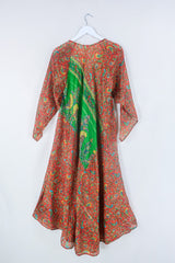 Goddess Dress - Tiger Orange & Green Peacocks - Indian Pure Silk Sari - Free Size by all about audrey