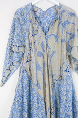 Goddess Dress - Pale Sky Blue & Yellow Paisley - Indian Pure Silk Sari - Free Size By All About Audrey