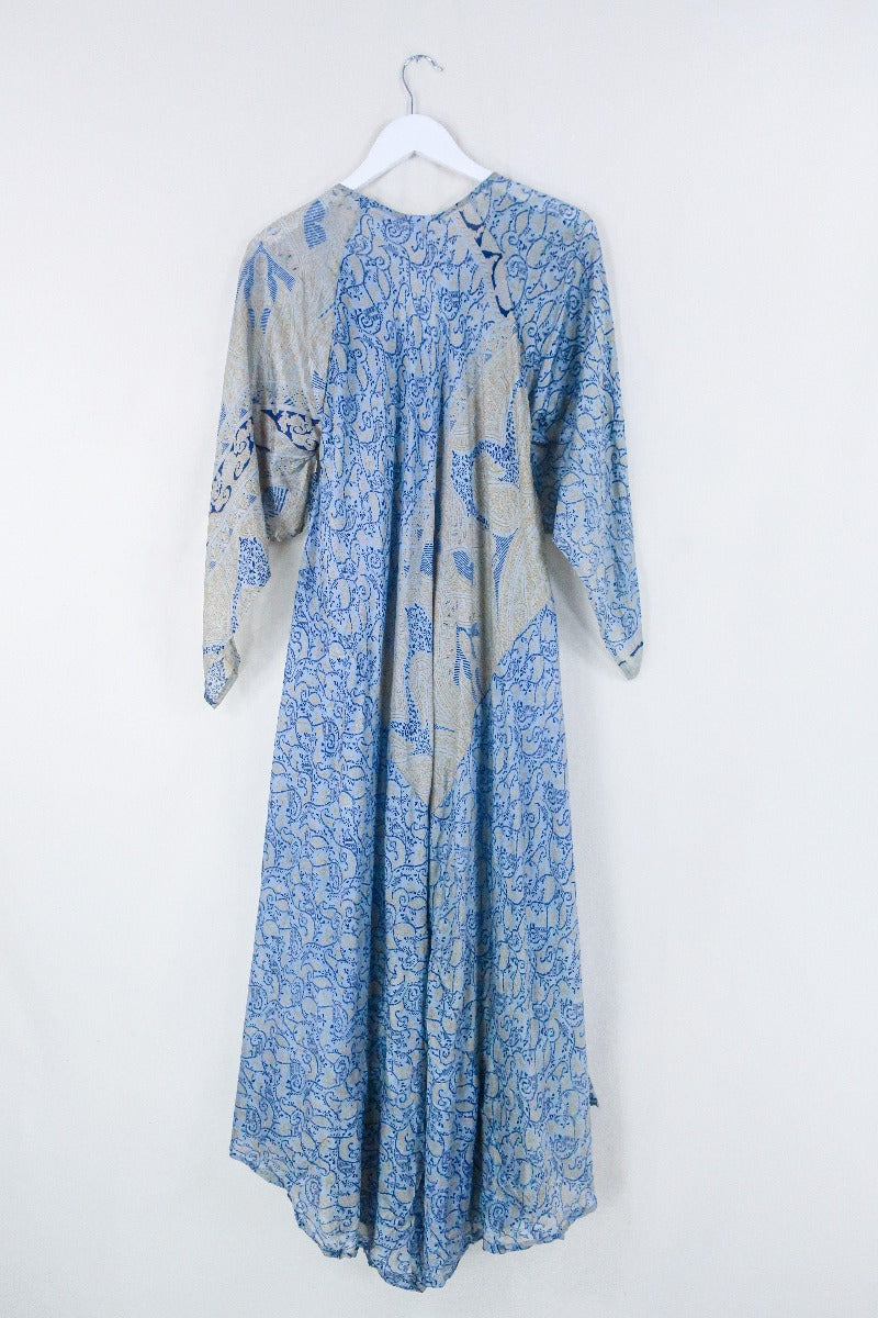 Goddess Dress - Pale Sky Blue & Yellow Paisley - Indian Pure Silk Sari - Free Size By All About Audrey