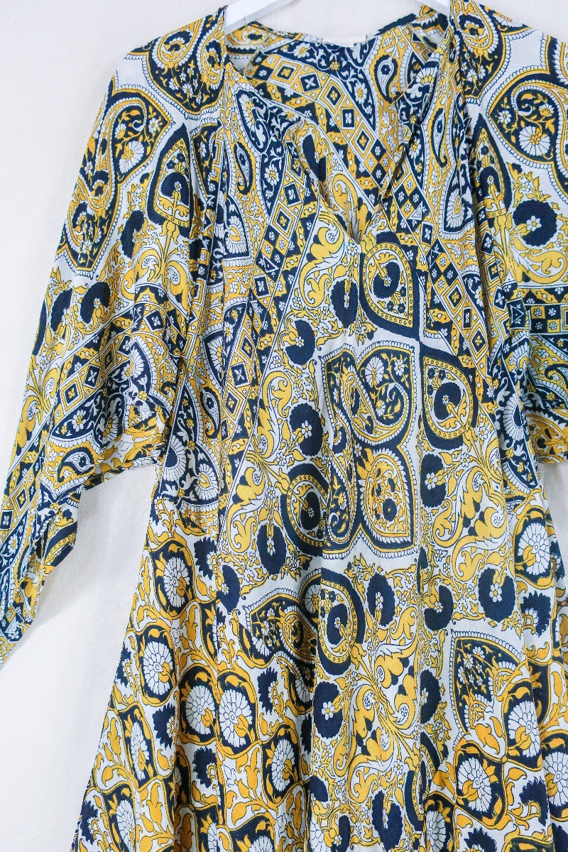 Goddess Dress - Black, White & Bright Yellow Paisley - Indian Pure Silk Sari - Free Size by all about audrey