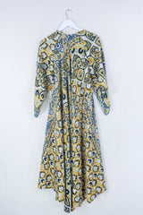 Goddess Dress - Black, White & Bright Yellow Paisley - Indian Pure Silk Sari - Free Size by all about audrey