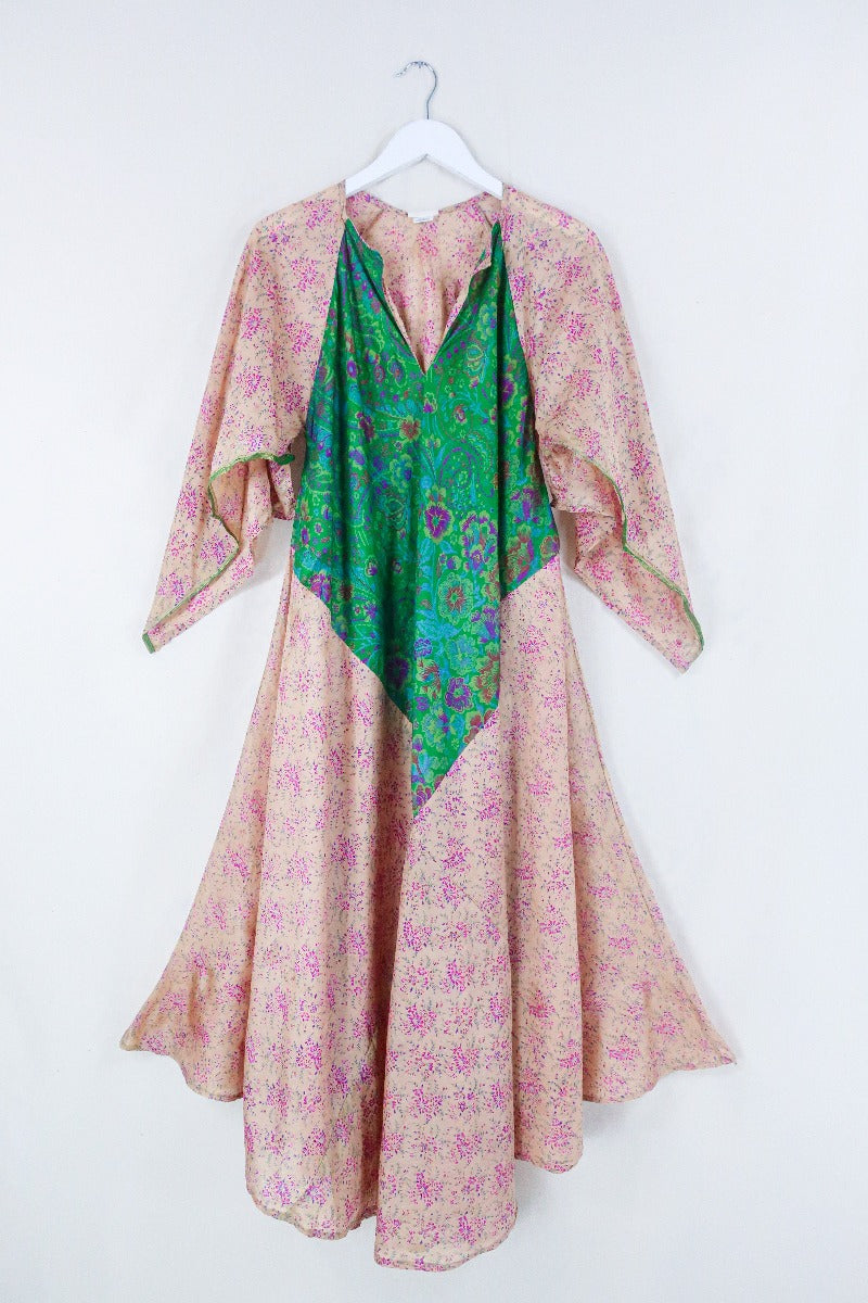 Goddess Dress - Sunny Peach & Green Floral - Indian Pure Silk Sari - Free Size By All About Audrey