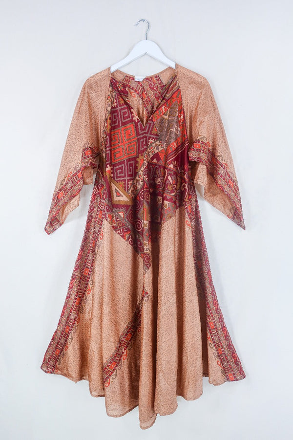 Goddess Dress - Soft Apricot Orange & Garnet - Indian Pure Silk Sari - Free Size By All About Audrey