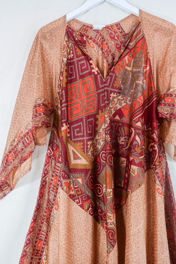 Goddess Dress - Soft Apricot Orange & Garnet - Indian Pure Silk Sari - Free Size By All About Audrey