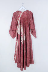 Goddess Dress - Crimson and Mushroom Paisley Stripe - Indian Pure Silk Sari - Free Size By All About Audrey