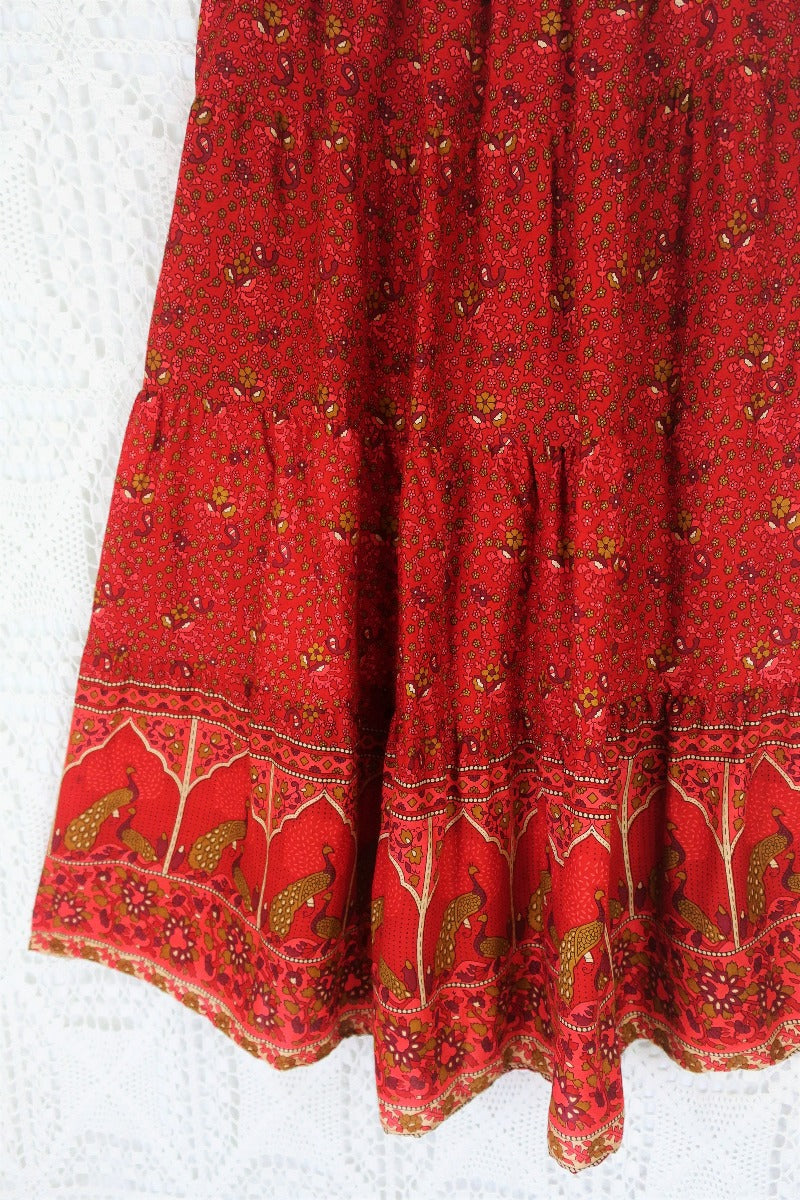 Peacock Prairie Skirt - Bohemian Maxi Skirt in Berry Red Indian Rayon (Free Size) All About Audrey