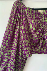 Ariel Top - Vintage Indian Sari - Plum Purple & Lime Motif - Free Size S - M/L By All About Audrey