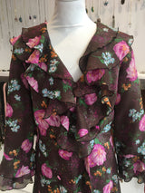 SALE Vintage Maroon Floral Frill Housecoat - Size S