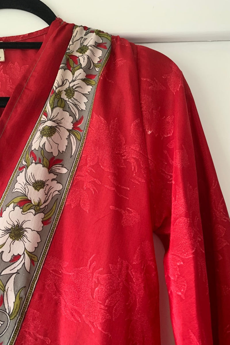 Karina Kimono Mini Dress - Vintage Sari - Crimson Nouveau Floral - Free Size S/M By All About Audrey