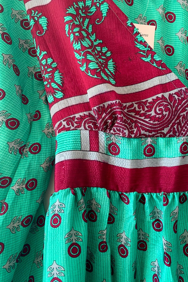 Rosemary Maxi Dress -Vintage Indian Sari - Burgundy & Bright Seafoam Floral - Size S/M by all about audrey