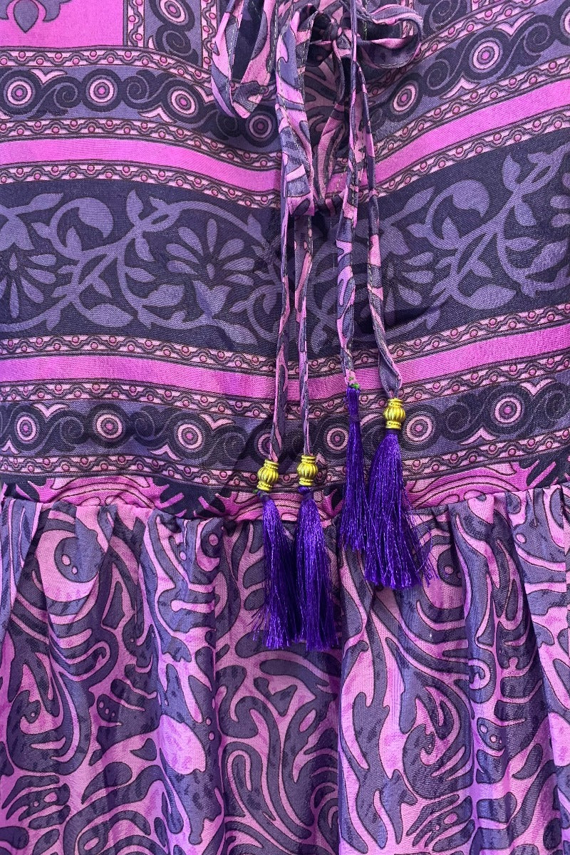 Angelica Maxi Dress - Vintage Sari - Sunset Pink & Slate Swirl - Free Size S/M