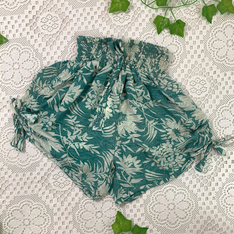 Pippa Shorts - Vintage Indian Sari Shorts -  Minty Blue & Snow Floral - Size XS