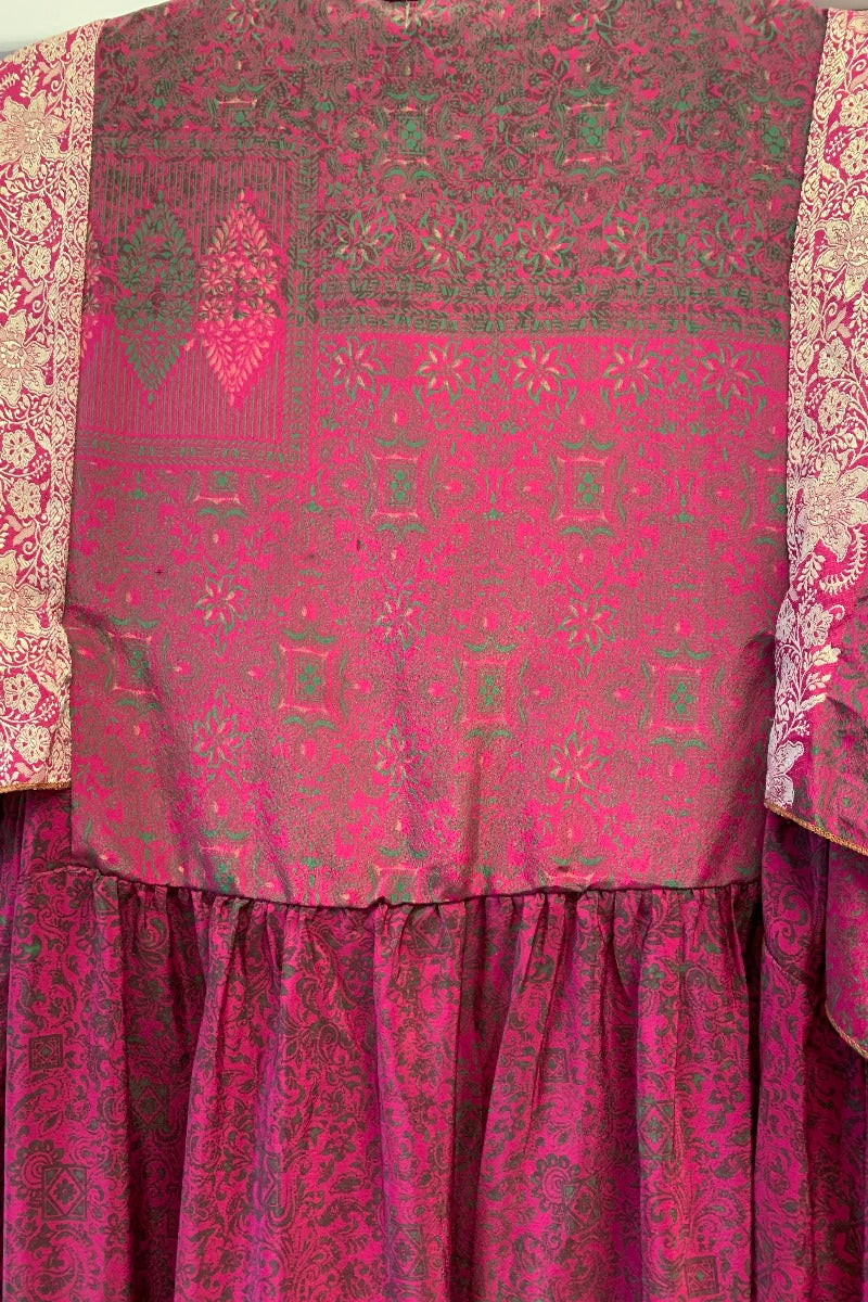 Angelica Maxi Dress - Vintage Sari - Rouge Pink with Silver Embroidery - Free Size S/M
