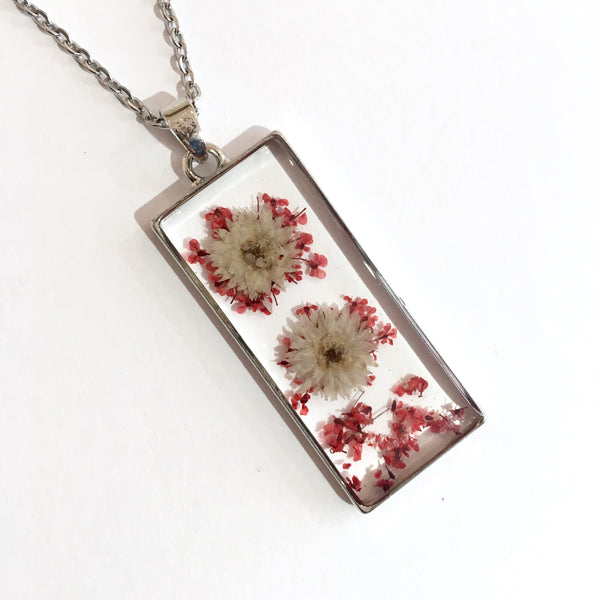 Rectangle Dried Flower Pendant Necklace - Delicate Pink & White