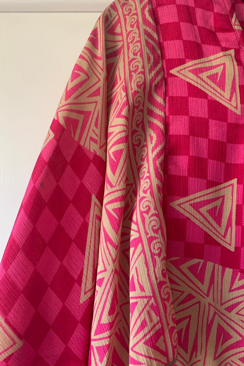 Angelica Maxi Dress - Vintage Sari - Checkerboard Pink - Free Size M/L