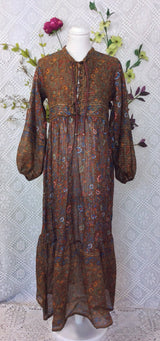 SALE Florence Dress - Sparkly Indian Cotton Smock Dress - Chestnut & Cobalt Floral Paisley - Size XS