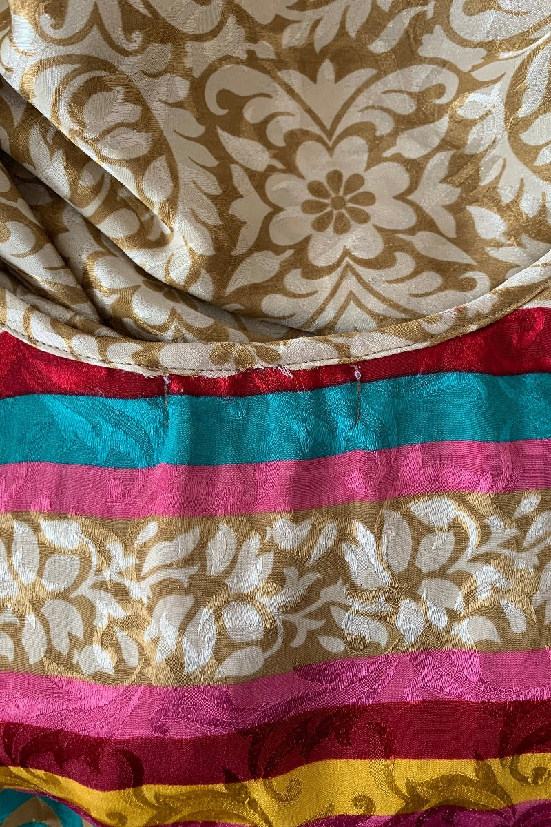 SALE Angelica Maxi Dress - Vintage Sari - Beige Folk Floral - Free Size S/M