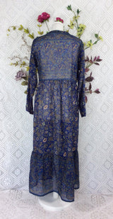 SALE Florence Dress - Sparkly Indian Cotton Smock Dress - Midnight Blue & Sage - Size XS