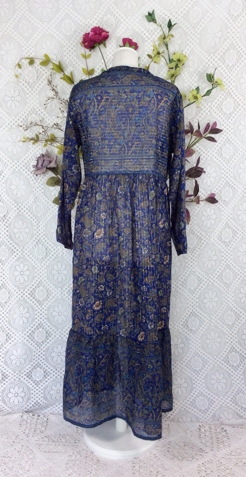 SALE Florence Dress - Sparkly Indian Cotton Smock Dress - Midnight Blue & Sage - Size XS