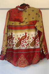 Clyde Shirt - Gold & Scarlet Red Bird Print - Vintage Indian Sari - S/M By All About Audrey